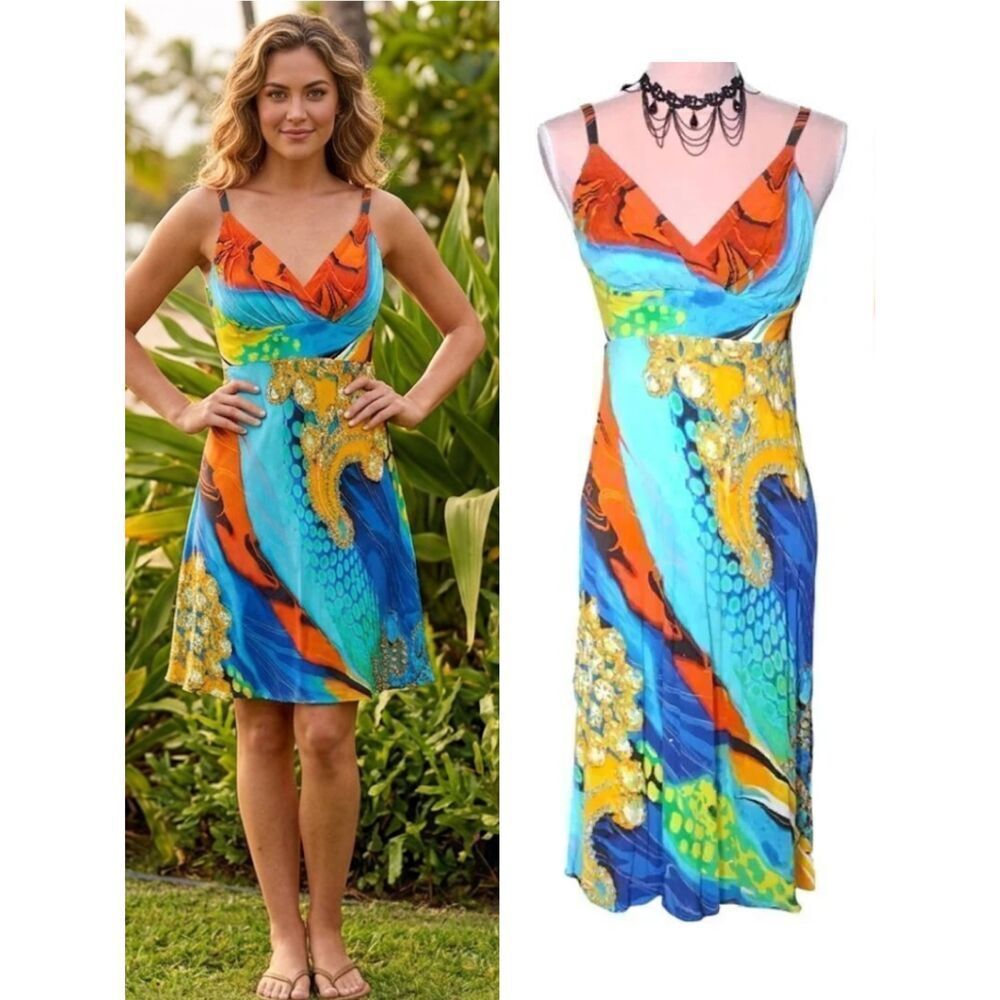 Jams World Y2K Colorful Alize Midi Hawaiian Rayon Sundress Small Maximilist